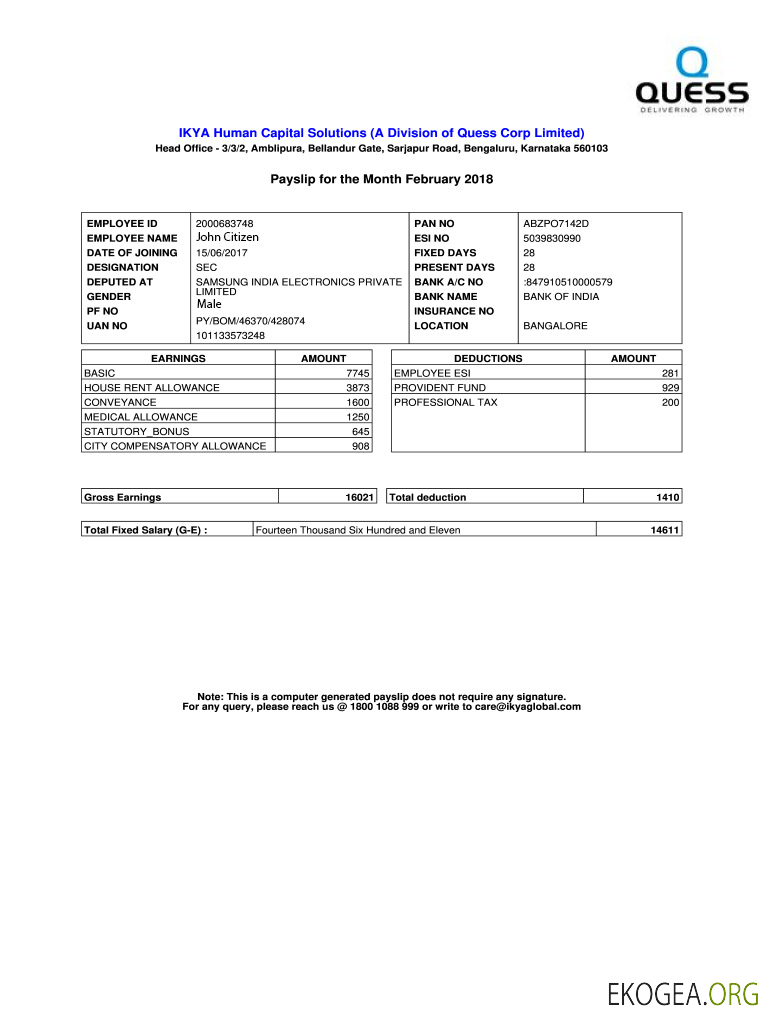 INDE IKYA Human Capital Solutions Fiche de paie aux formats Word et PDF